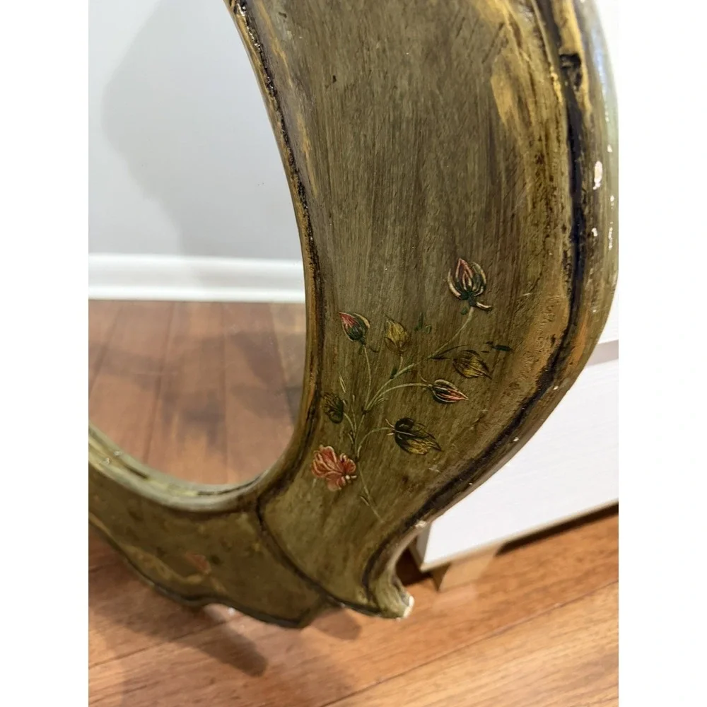 Vintage Peruvian Hand Painted Wooden Wall Mirror Green Floral Flowers 32x24